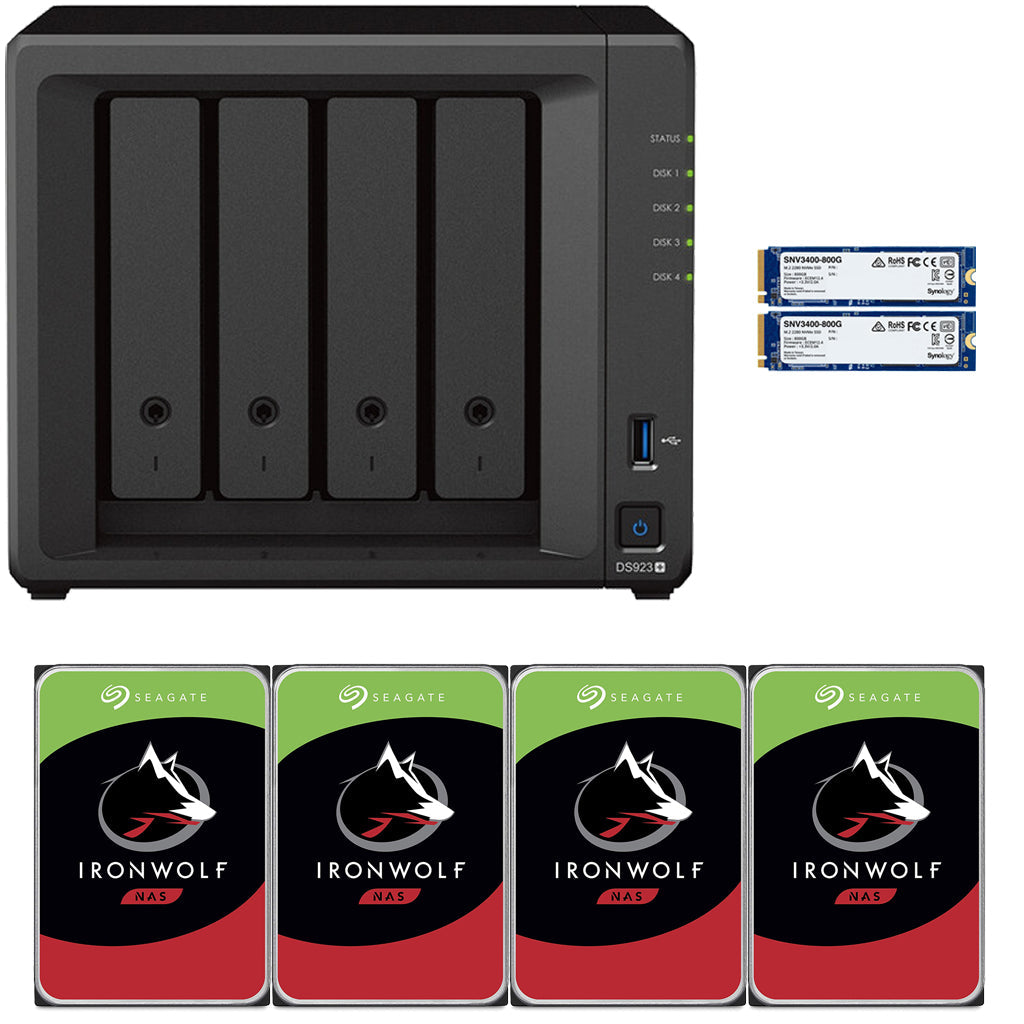 Synology DS923+ 4-BAY DiskStation with 4GB RAM, 1.6TB (2x800GB) Cache,  and 16TB (4x4TB) Seagate Ironwolf NAS Drives Fully Assembled and Tested