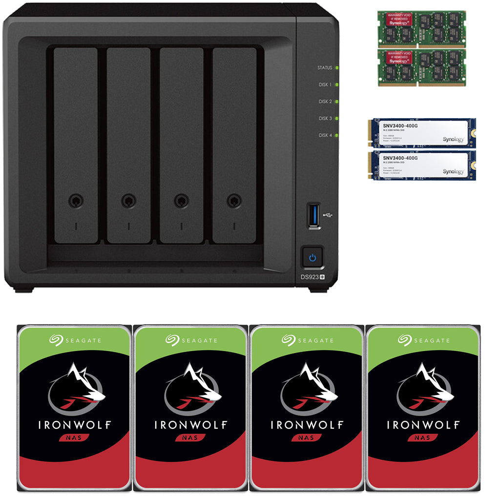 Synology DS923+ 4-BAY DiskStation with 16GB RAM, 800GB (2x400GB) Cache,  and 12TB (4x3TB) Seagate Ironwolf NAS Drives Fully Assembled and Tested