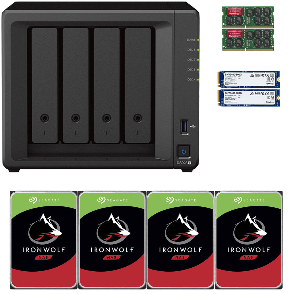 Synology DS923+ 4-BAY DiskStation with 32GB RAM, 1.6TB (2x800GB) Cache,  and 12TB (4x3TB) Seagate Ironwolf NAS Drives Fully Assembled and Tested