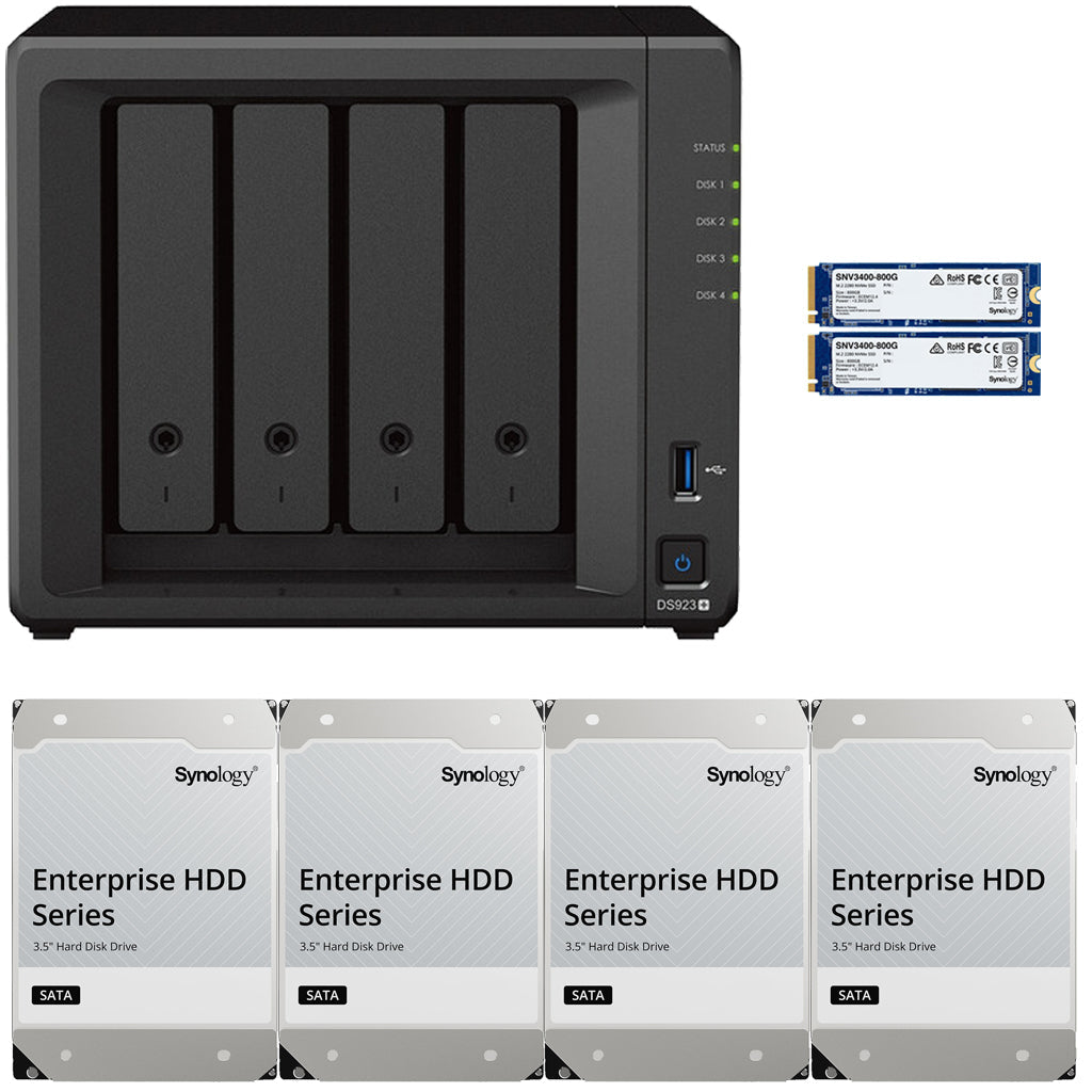 Synology DS923+ 4-BAY DiskStation with 4GB RAM, 1.6TB (2x800GB) Cache and 48TB (4x12TB) Synology Enterprise Drives Fully Assembled and Tested