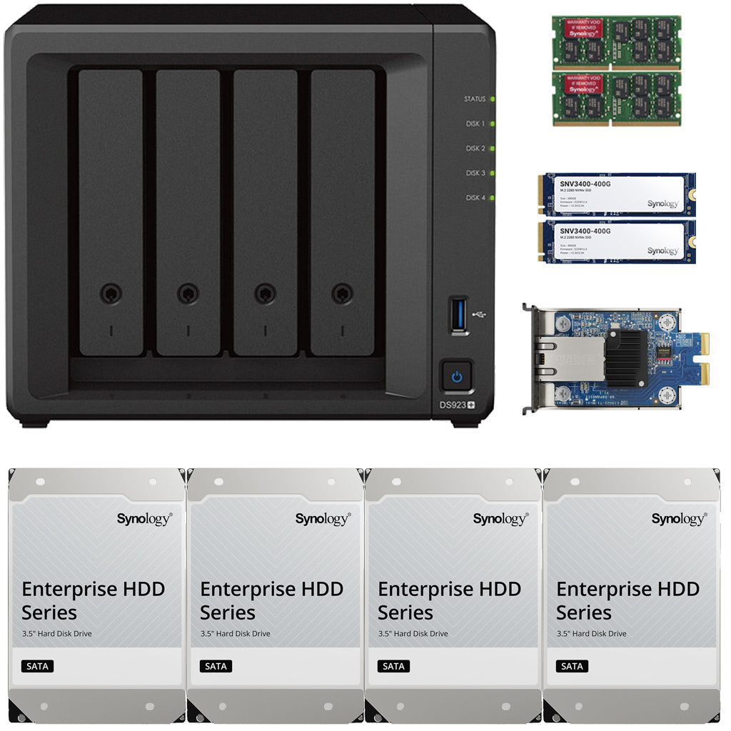 Synology DS923+ 4-BAY DiskStation with 8GB RAM, 10GbE Adapter, 800GB (2x400GB) Cache and 16TB (4x4TB) Synology Enterprise Drives Fully Assembled and Tested