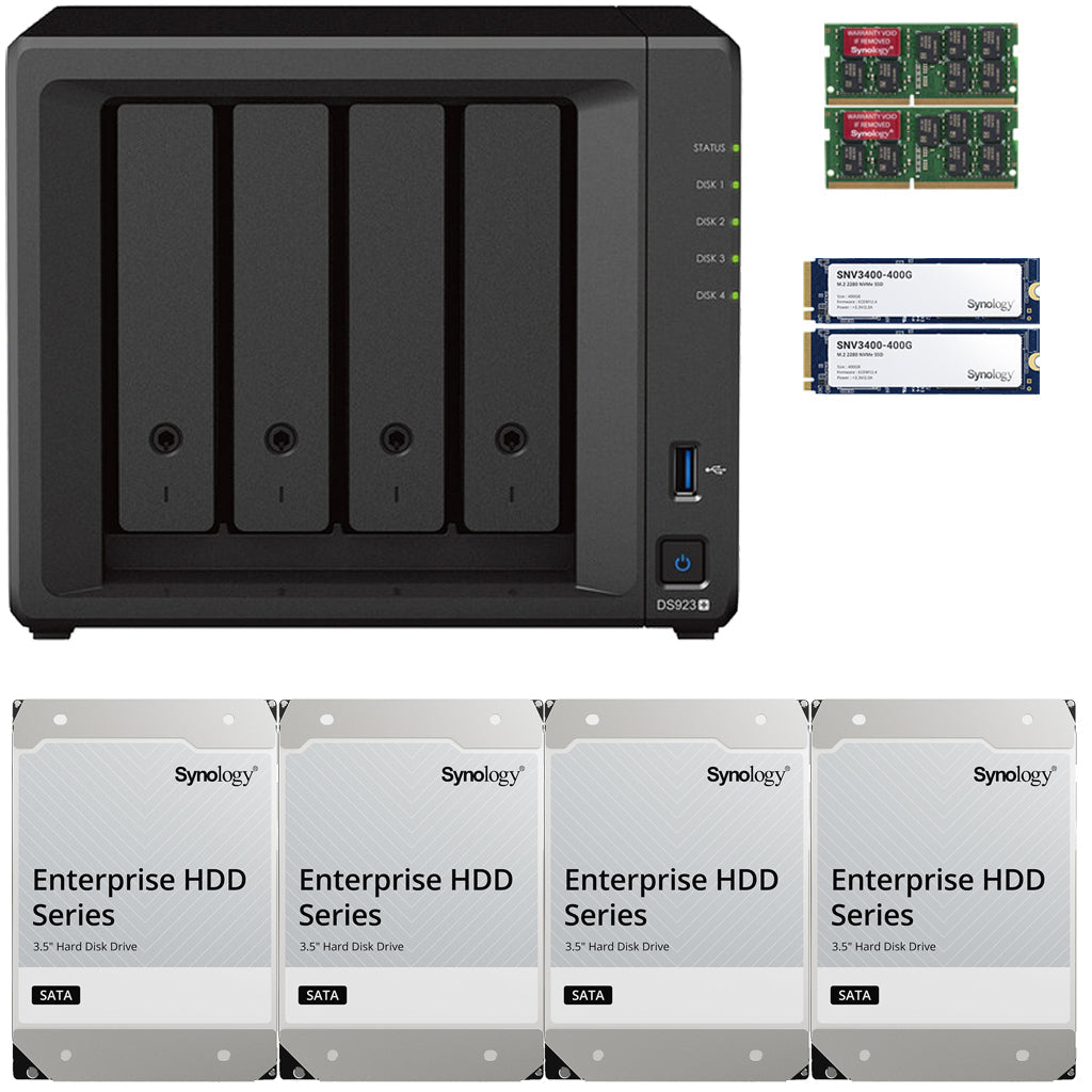 Synology DS923+ 4-BAY DiskStation with 16GB RAM, 800GB (2x400GB) Cache and 72TB (4x18TB) Synology Enterprise Drives Fully Assembled and Tested