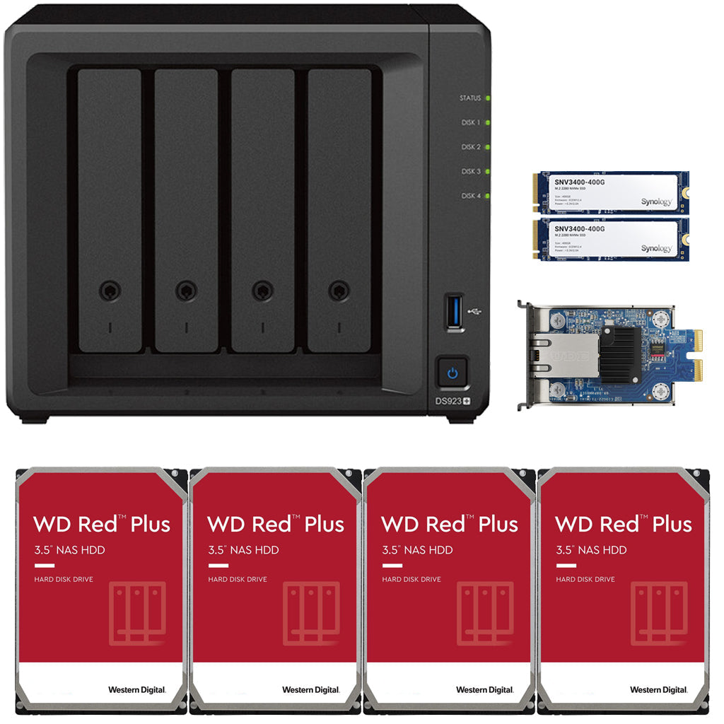 Synology DS923+ 4-BAY DiskStation with 4GB RAM, 10GbE Adapter,, 800GB (2x400GB) Cache,  and 8TB (4x2TB) Western Digital Red Plus NAS Drives Fully Assembled and Tested