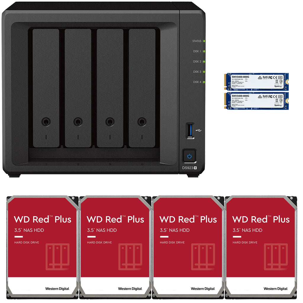 Synology DS923+ 4-BAY DiskStation with 4GB RAM, 1.6TB (2x800GB) Cache,  and 8TB (4x2TB) Western Digital Red Plus NAS Drives Fully Assembled and Tested