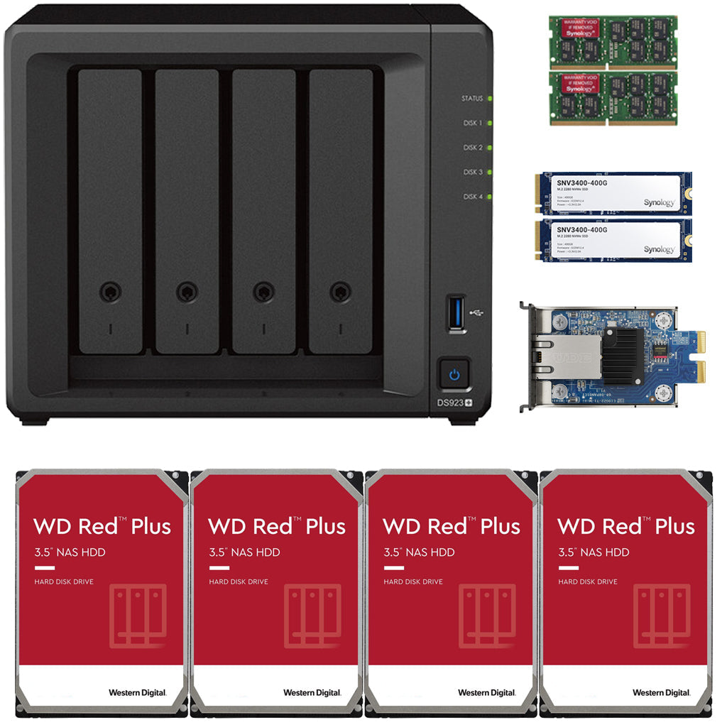 Synology DS923+ 4-BAY DiskStation with 16GB RAM, 10GbE Adapter,, 800GB (2x400GB) Cache,  and 8TB (4x2TB) Western Digital Red Plus NAS Drives Fully Assembled and Tested