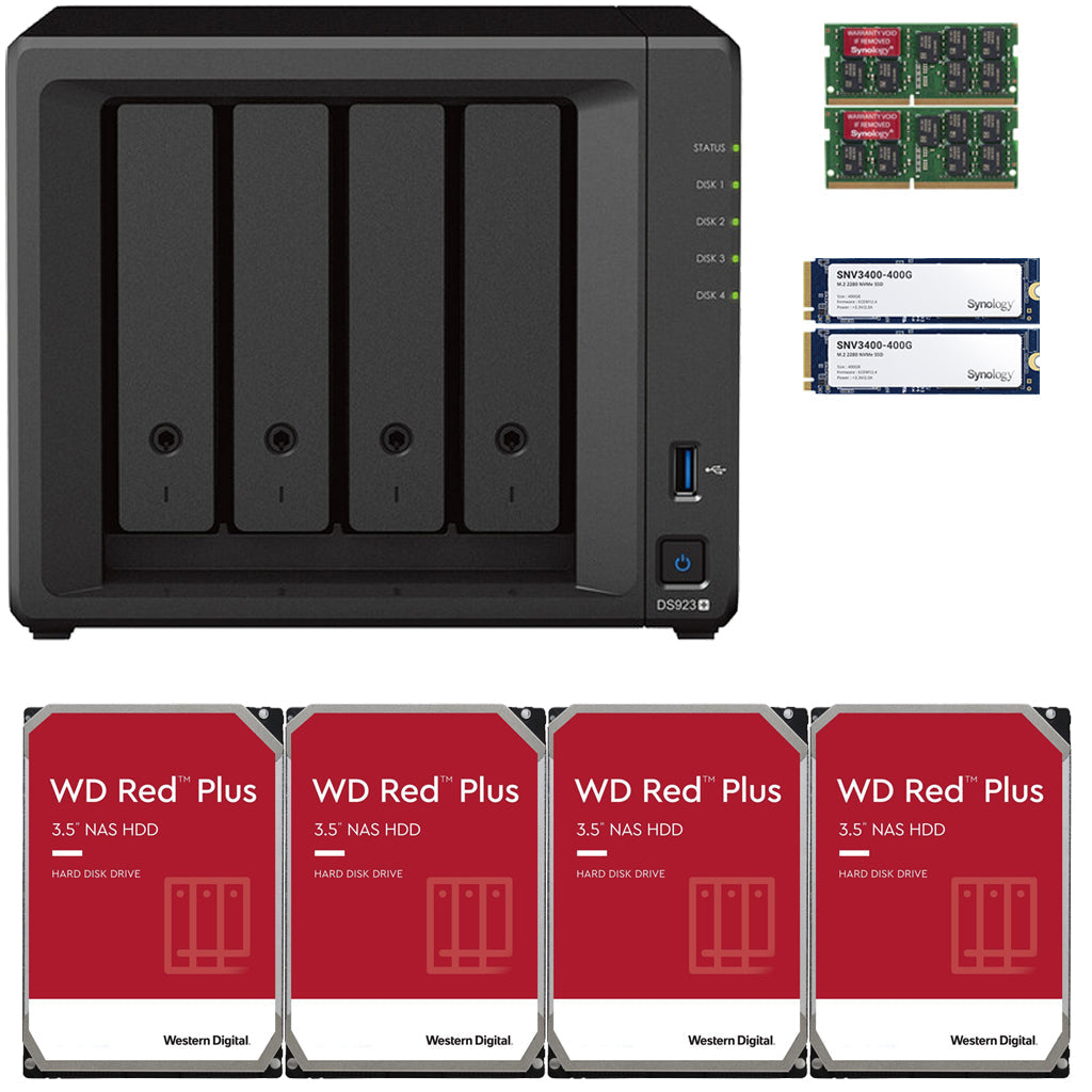 Synology DS923+ 4-BAY DiskStation with 32GB RAM, 800GB (2x400GB) Cache,  and 16TB (4x4TB) Western Digital Red Plus NAS Drives Fully Assembled and Tested