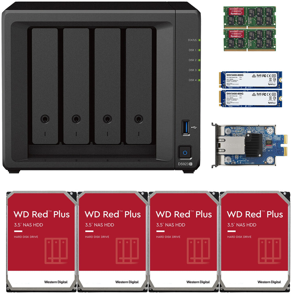 Synology DS923+ 4-BAY DiskStation with 8GB RAM, 10GbE Adapter,, 1.6TB (2x800GB) Cache,  and 8TB (4x2TB) Western Digital Red Plus NAS Drives Fully Assembled and Tested