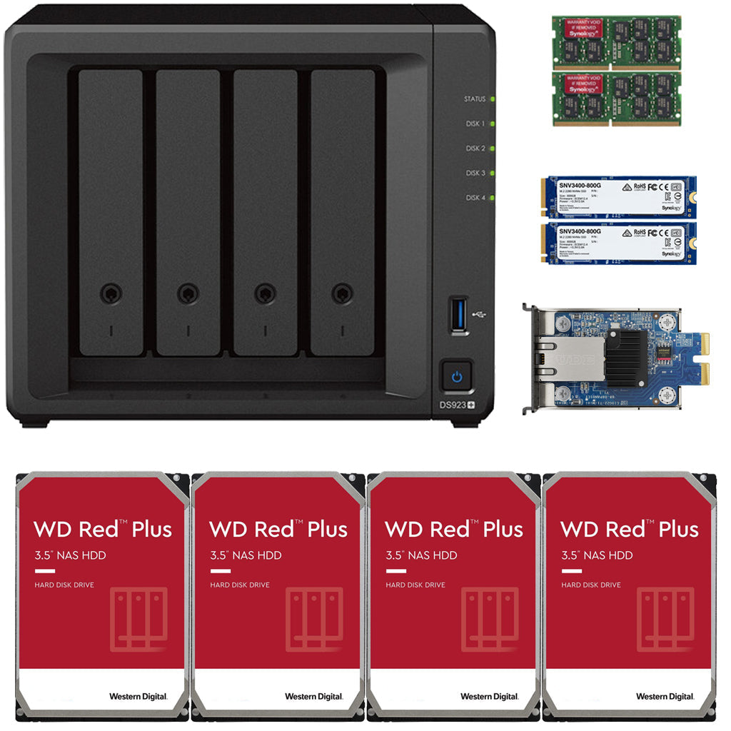 Synology DS923+ 4-BAY DiskStation with 16GB RAM, 10GbE Adapter,, 1.6TB (2x800GB) Cache,  and 48TB (4x12TB) Western Digital Red Plus NAS Drives Fully Assembled and Tested