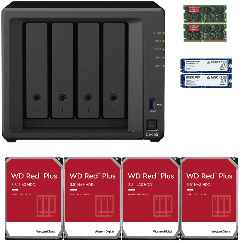 Synology DS923+ 4-BAY DiskStation with 16GB RAM, 1.6TB (2x800GB) Cache,  and 8TB (4x2TB) Western Digital Red Plus NAS Drives Fully Assembled and Tested