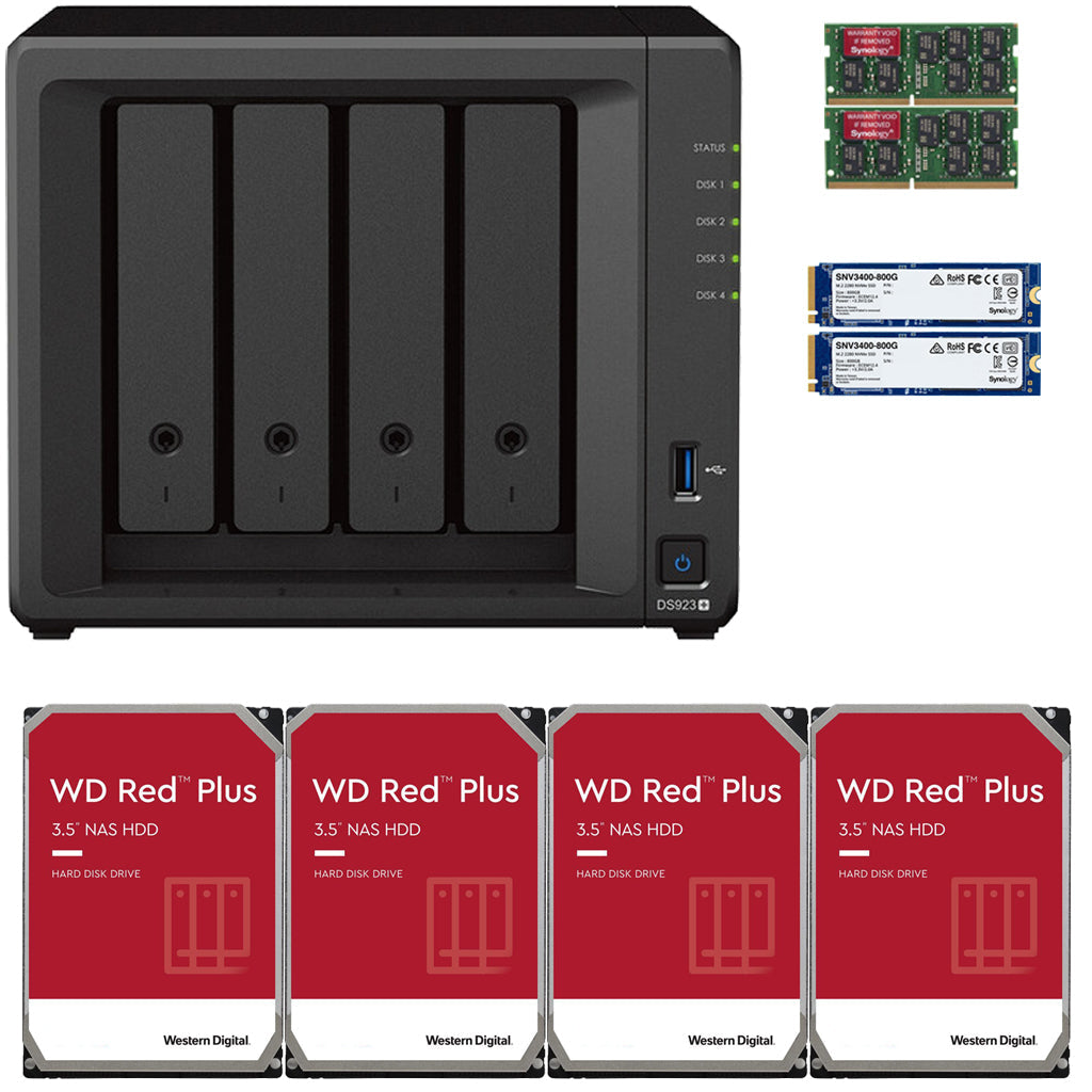 Synology DS923+ 4-BAY DiskStation with 16GB RAM, 1.6TB (2x800GB) Cache,  and 16TB (4x4TB) Western Digital Red Plus NAS Drives Fully Assembled and Tested