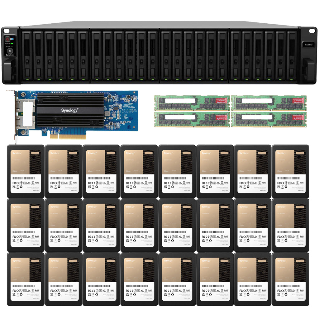 Synology FS3410 24-BAY FlashStation with 128GB RAM, E25G21-F2 25GbE Expansion, and 11.52TB (24 x 480GB) Synology Enterprise SATA SSD's Fully Assembled and Tested