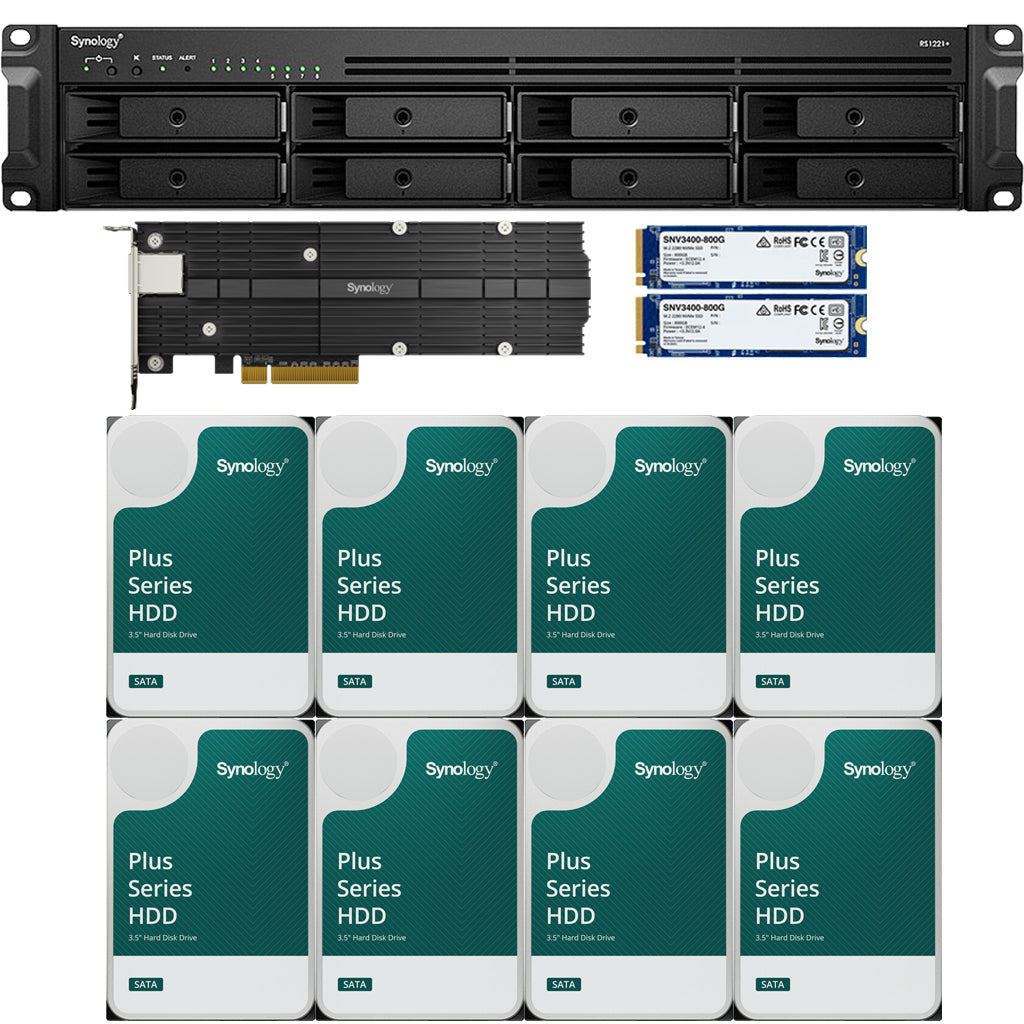 Synology RS1221+ RackStation with 4GB RAM 1.6TB (2x800GB) Cache, 1-Port 10GbE Adapter and 96TB (8 x 12TB) of Synology Plus NAS Drives Fully Assembled and Tested