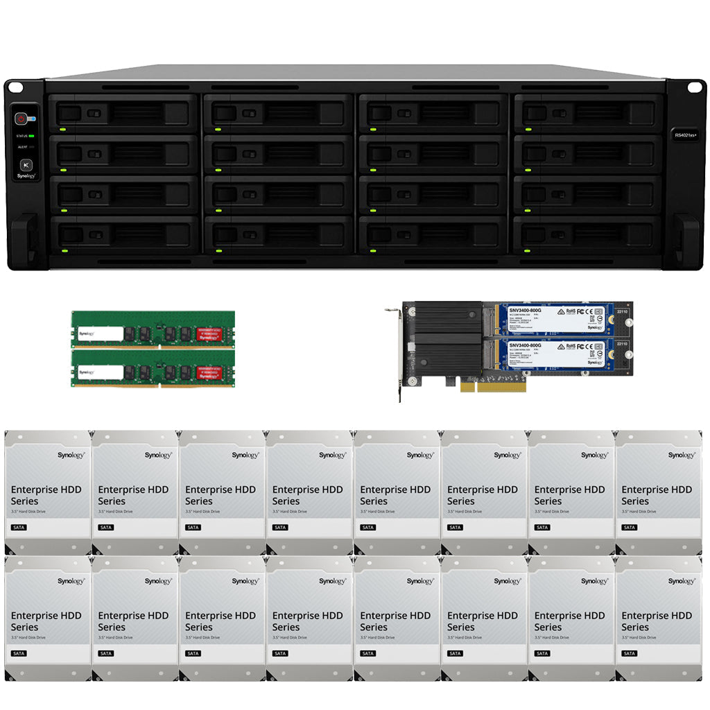 Synology RS4021xs+ 16-BAY RackStation with 32GB RAM, M2D20 with 1.6TB (2x800GB) Synology CACHE, and 64TB (16 x 4TB) of Synology Enterprise Drives Fully Assembled and Tested