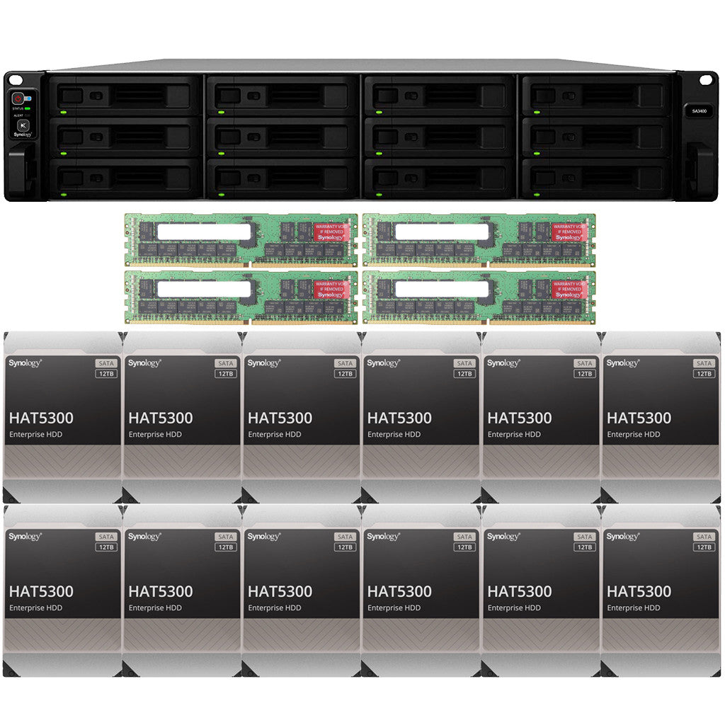 Synology SA3400 12-BAY Enterprise RackStation with 128GB RAM and 144TB (12 x 12TB) Synology HAT5300 Enterprise SATA Drives Fully Assembled and Tested