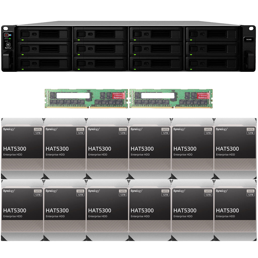 Synology SA3400 12-BAY Enterprise RackStation with 64GB RAM and 144TB (12 x 12TB) Synology HAT5300 Enterprise SATA Drives Fully Assembled and Tested