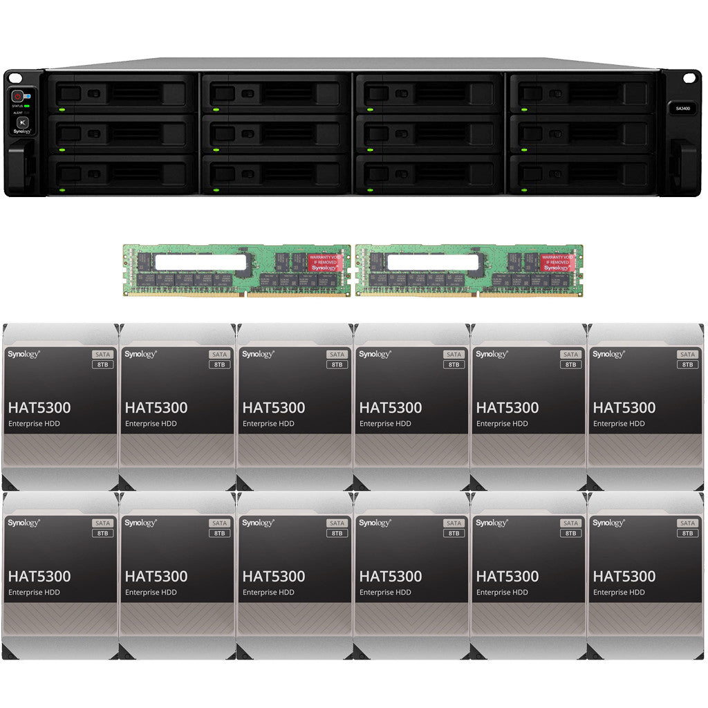 Synology SA3400 12-BAY Enterprise RackStation with 64GB RAM and 96TB (12 x 8TB) Synology HAT5300 Enterprise SATA Drives Fully Assembled and Tested