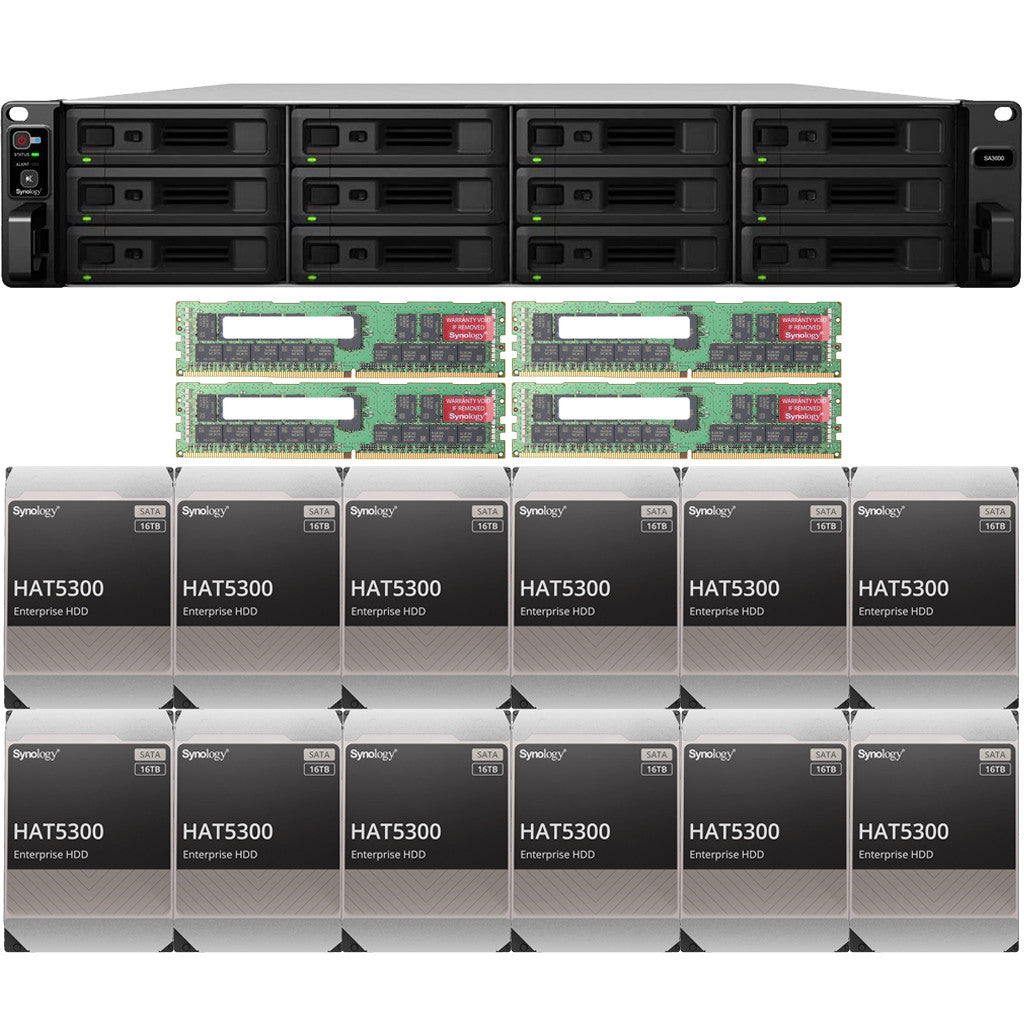 Synology SA3600 12-BAY Enterprise RackStation with 128GB RAM and 192TB (12 x 16TB) Synology HAT5300 Enterprise SATA Drives Fully Assembled and Tested