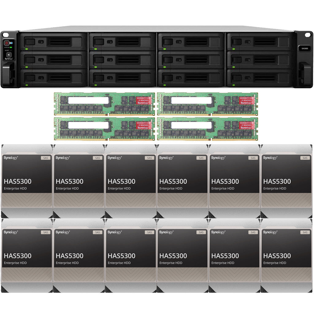Synology SA3600 12-BAY Enterprise RackStation with 128GB RAM and 144TB (12 x 12TB) Synology HAS5300 Enterprise SAS Drives Fully Assembled and Tested