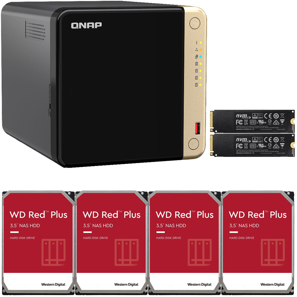 QNAP TS-464 4-Bay NAS with 4GB RAM, 500GB (2 x 250GB) NVME Cache, and 16TB (4 x 4TB) of Western Digital Red Plus Drives Fully Assembled and Tested
