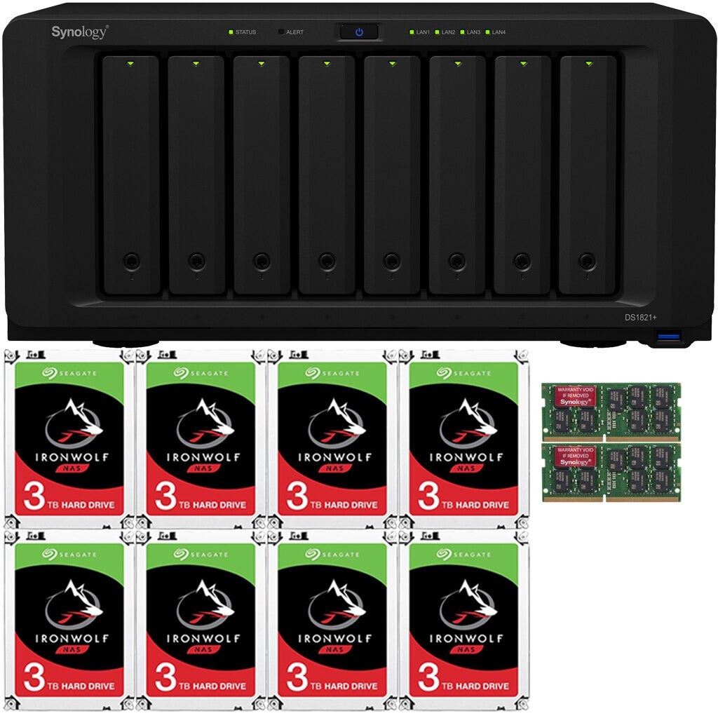 Synology DS1821+ 8-BAY DiskStation with 16GB Synology RAM and 24TB (8x3TB) Seagate Ironwolf NAS Drives Fully Assembled and Tested