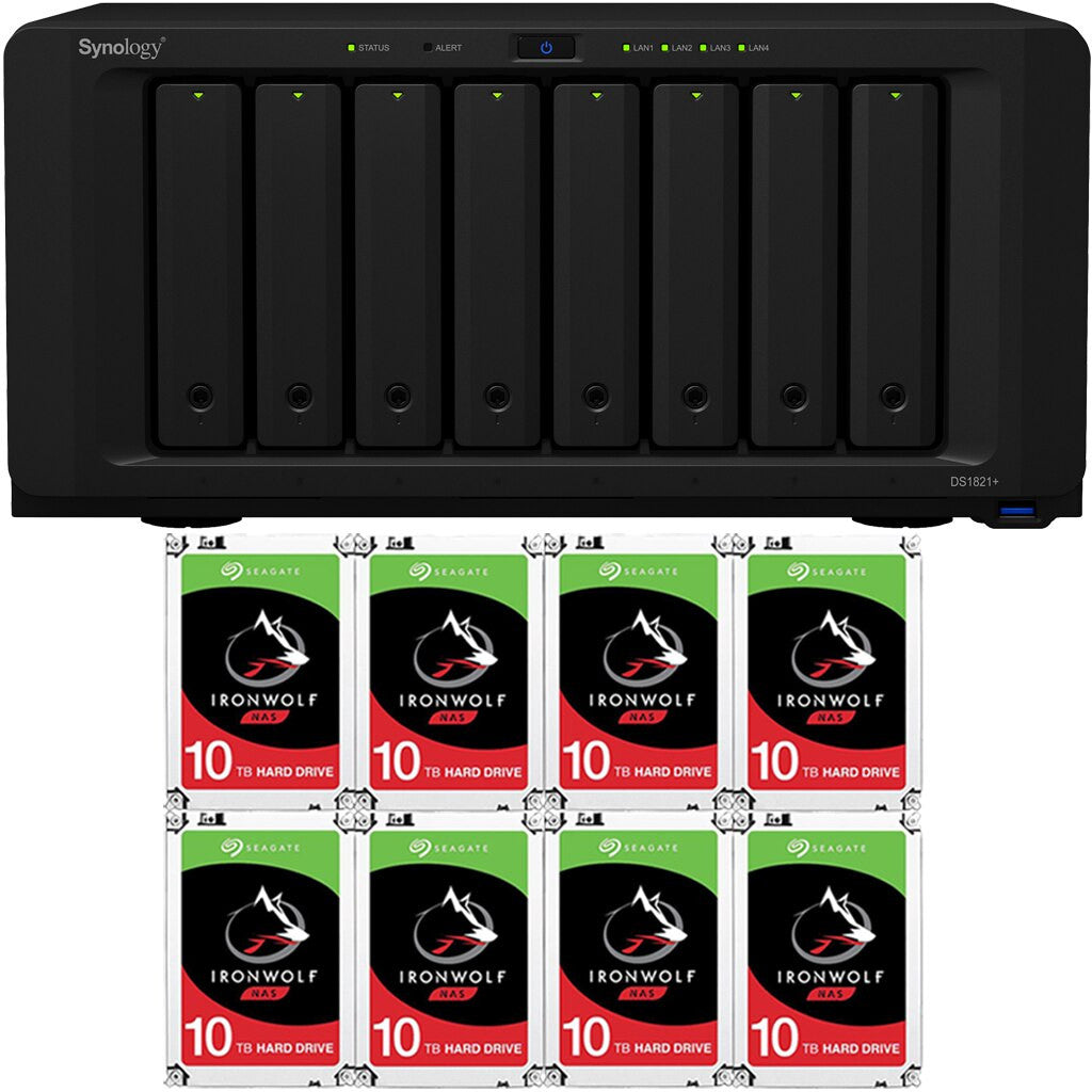 Synology DS1821+ 8-BAY DiskStation with 4GB Synology RAM and 80TB (8x10TB) Seagate Ironwolf NAS Drives Fully Assembled and Tested