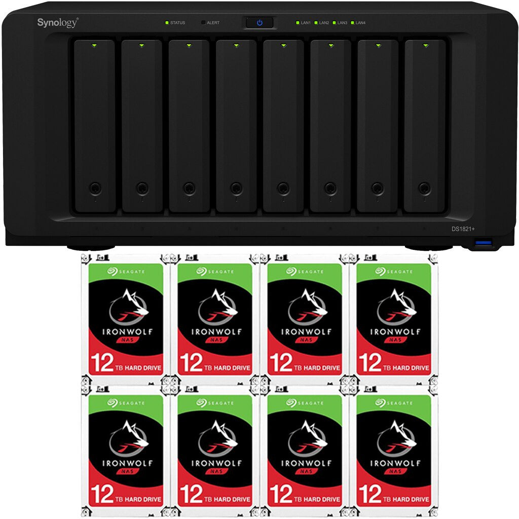 Synology DS1821+ 8-BAY DiskStation with 4GB Synology RAM and 96TB (8x12TB) Seagate Ironwolf NAS Drives Fully Assembled and Tested