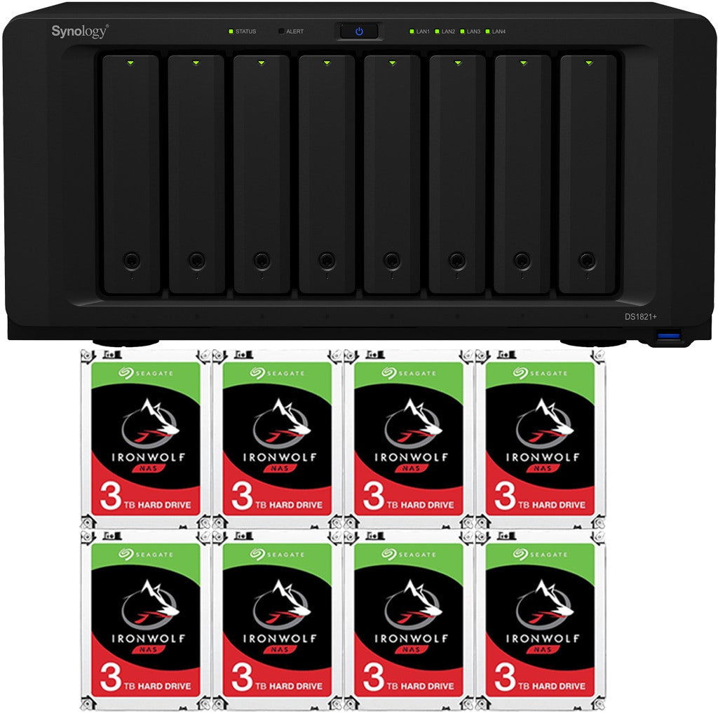 Synology DS1821+ 8-BAY DiskStation with 4GB Synology RAM and 24TB (8x3TB) Seagate Ironwolf NAS Drives Fully Assembled and Tested