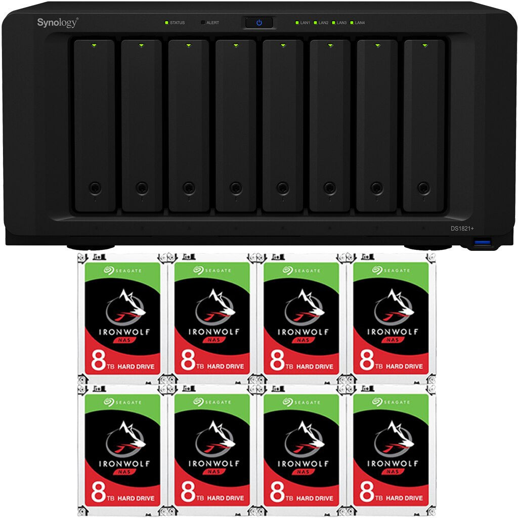 Synology DS1821+ 8-BAY DiskStation with 4GB Synology RAM and 64TB (8x8TB) Seagate Ironwolf NAS Drives Fully Assembled and Tested
